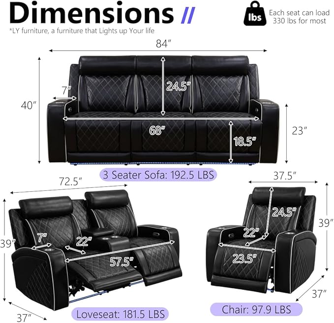 Power Recliner Loveseat Living Room Furniture Sets Breathing Leather Reclining Couch in 2 Seat Luxury Reclining Loveseat Sofa with Cupholders/Storage/Charging for Home Theater/Office Black