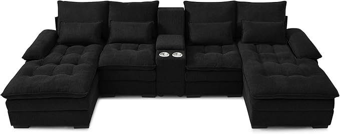 KEIKI 130 U-Shaped 6 seat Sofa with Storage Console Cup Holders Upholstered Sectional Sofa Button Tufted Cloud Cushion Couch for Home Office Apartment Black