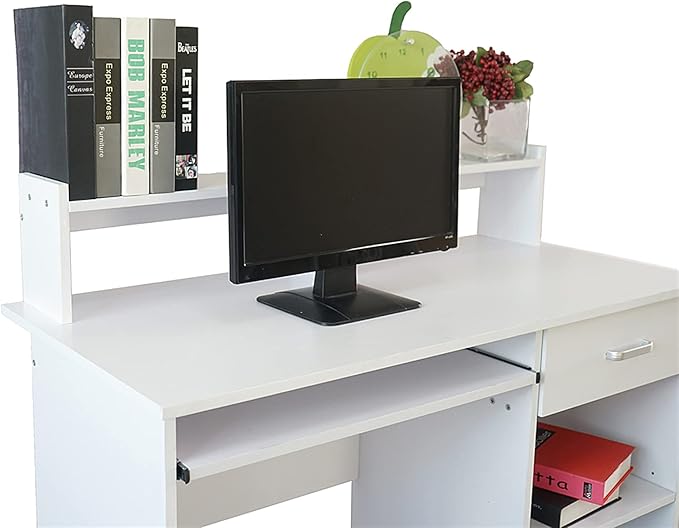 Computer Desk with Drawer Shelf Pull-Out Keyboard Tray - 43” Large Storage Home Office Desk - Writing Study Table Workstation for PC Laptop Gaming Working - Modern Wood (43''x37''x20'' 791-White)