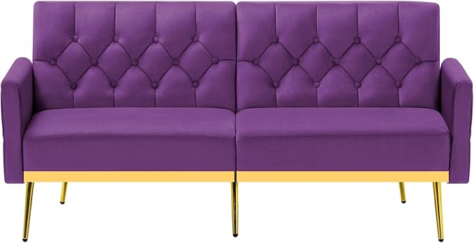 Velvet Sofa Bed w/Adjustable Armrests and Backrests Modern Convertible Sleeper Sofa Tufted Futon Sofa for Bedroom Living Room Apartment Purple
