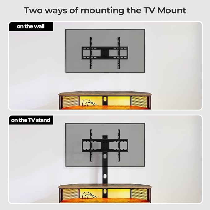 Rolanstar TV Stand with Mount and Power Outlet Swivel TV Stand Mount with LED Lights for 32/45/55/60/65/70 inch TVs Rustic Brown Entertainment Center Media Console with Height Adjustable Mount