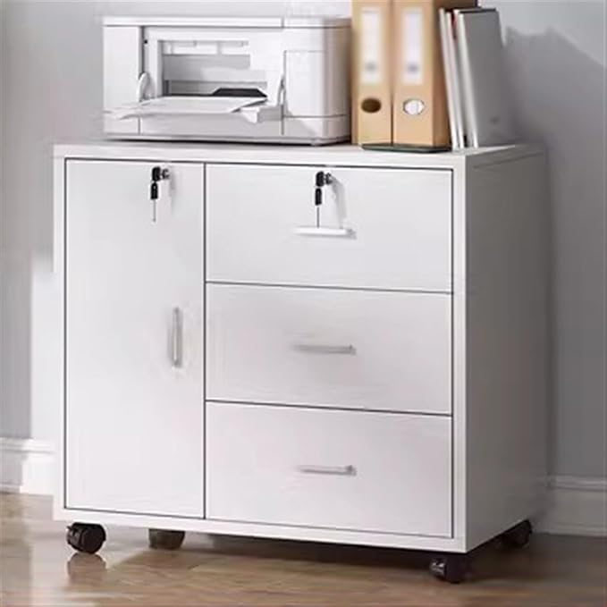 Three Drawer Wood File Cabinet with a Storage Cabinet Office Filing with Lock and Removable Rollers (Color : White)