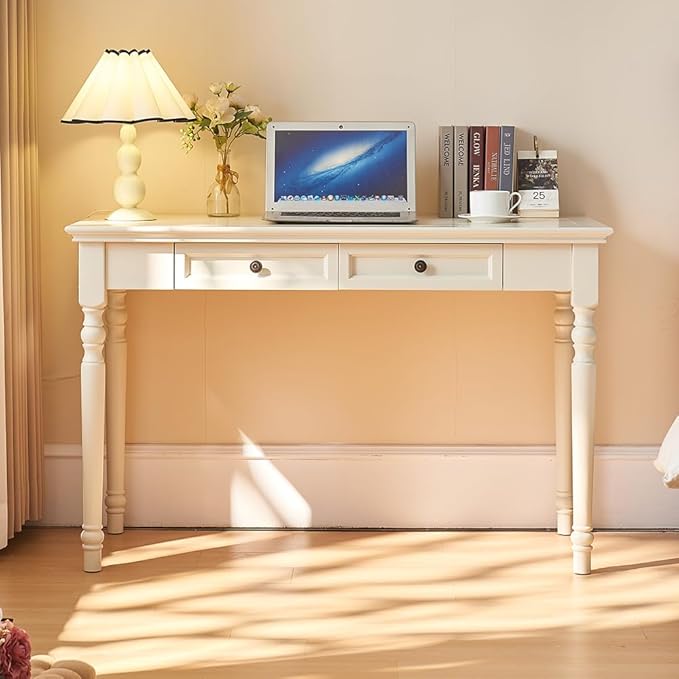 Bedroom simple Dressing Table Home Office Computer Desk with 2 Storage Drawers French Country Table 47W French Provincial Corner Desk Table with Carved Legs Farmhouse Living Room Bedroom Office