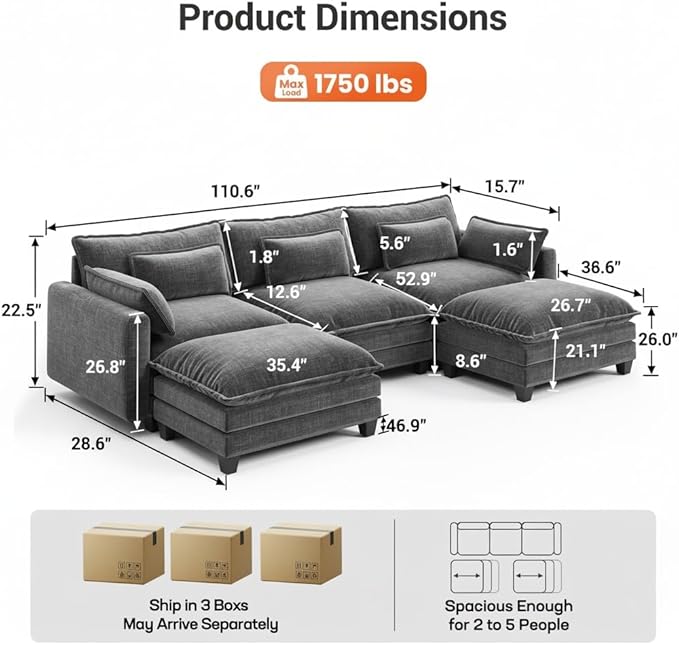 Amada Sectional Couches for Living Room U-Shaped Comfy Cloud Modular Sectional Sofa 5-Seater Chenille Deep Seat Sofa Sleeper with 2 Movable Ottomans &amp Throw Pillows (Grey)