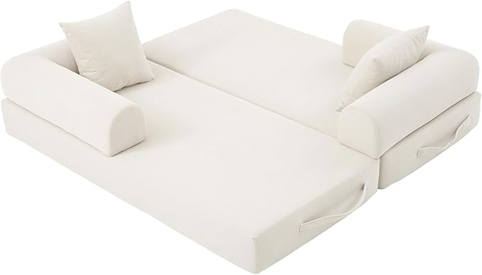Convertible Sleeper Sofa Bed with Fixed-Shape Frame Modern Corduroy Folding Boneless Couch with 2 Pillows Comfy Floor Sofa Couch for Living Room No Assembly Required (Beige White)