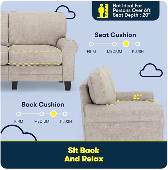 BOWERY HILL 61 Rolled Arm Loveseat Sofa Light Gray Upholstered Anti-Pilling Polyester Fabric Removable Covers Compact Modern Design Solid Wood Frame Living Room Two-Seater Couch
