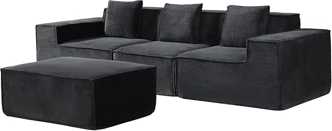 Harper Convertible Corduroy Sectional Couch with Ottoman &amp Pillows Modular L Shaped Sleeper Sofa Boneless Cloud Couch for Living Room Furniture Black