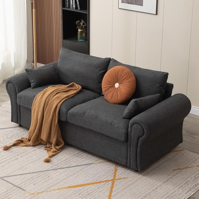 Panana Modern 2 Seater Loveseat Sofa Couch with Storage Dark Grey or Light Color Choice of Curved Sock or Track Arm Design (Dark Gray 3 Seater - Scroll Arms)