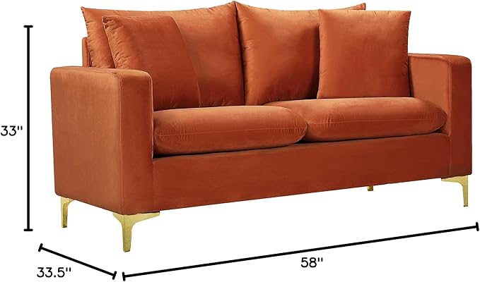 Meridian Furniture 633Cognac-L Naomi Collection Modern | Contemporary Velvet Upholstered Loveseat with Deep Channel Tufting and Rich Gold Stainless Steel Legs Cognac 58 W x 33.5 D x 30 H
