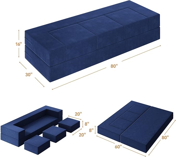 80'' Folding Sofa Bed Velvet Floor Couch Bed with 3Ottomans&amp Washable Cover Memory Foam Couch Fold Out Futon Sleeper for Guest/Living Room/Playroom Queen Blue