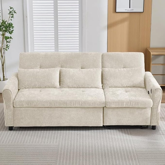 Polibi 2-in-1 Convertible Sofa Bed &amp Recliner - 3-Position Adjustable Backrest (105°-180°) Reversible Design Dual USB Ports 82 Wide Beige