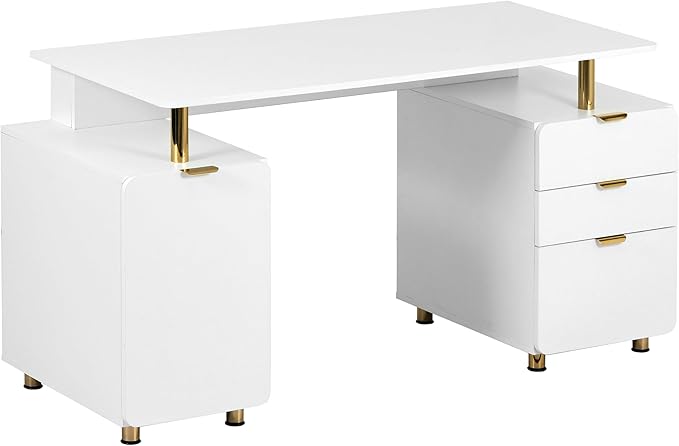 Elegant 56.75 W Executive Desk with 3 Drawers and Storage Cabinet Modern Office Desk with Gold Accents Floating Work Surface Closed Storage with Ventilation &amp Adjustable Shelf (WhiteGold)