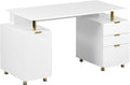 Elegant 56.75 W Executive Desk with 3 Drawers and Storage Cabinet Modern Office Desk with Gold Accents Floating Work Surface Closed Storage with Ventilation &amp Adjustable Shelf (WhiteGold)