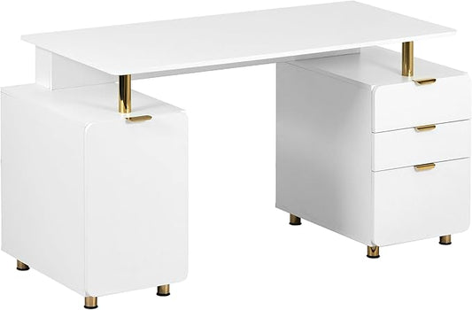 Elegant 56.75 W Executive Desk with 3 Drawers and Storage Cabinet Modern Office Desk with Gold Accents Floating Work Surface Closed Storage with Ventilation &amp Adjustable Shelf (WhiteGold)