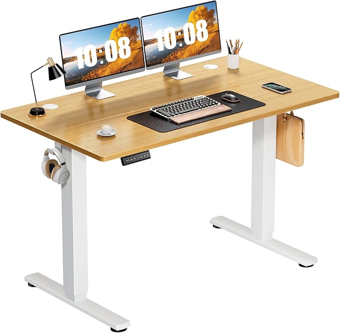 Sweetcrispy Electric Standing Desk Adjustable Height 48x24 Inch Sit Stand Up Home Office Desks Computer Workstation PC Work Table with 3 Memory Preset Splice Wood Board Metal Frame Oak