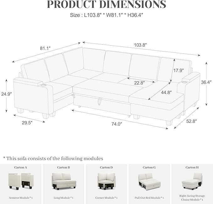 Belffin Sleeper Sofa Modular Sectional Pull Out Couch Bed U Shaped Sofa Couch for Living Room with Storage Chaise. White