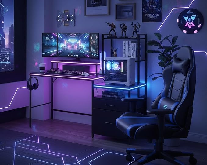KATHY&ampBOB Small Home Office Study Desk - Freestanding Ladder Design with Fabric Drawers &amp Side Bag - Modern Vanity Makeup Desk - 2 Tier Shelf &amp Computer Gaming Station (Black Large)