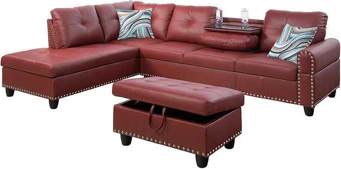 L Shaped Sectional Couch with Storage Ottoman Modern Nailhead Comfy Lounge Sofa with Reversible Cup Holder &amp Chaise 97 4 Seat Modular Sofá for Living Room Apartment Red