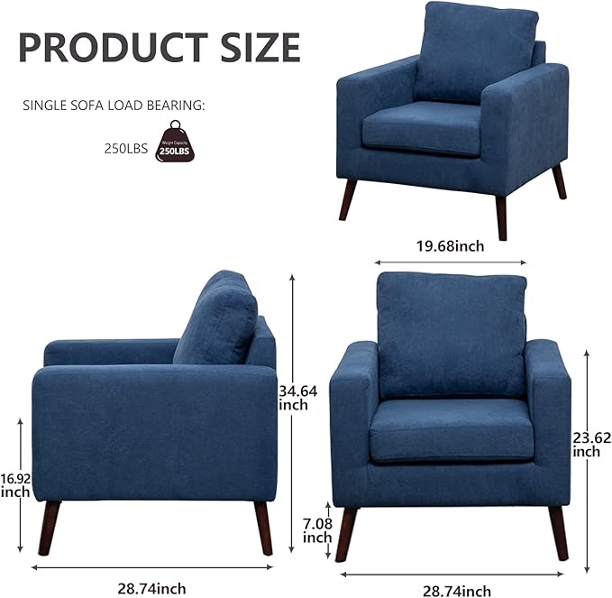 Modern Armchair Living Room Chair upholstered Upholstery Chair with Solid Wood Legs Sofa for Home Office Guests Dark Blue