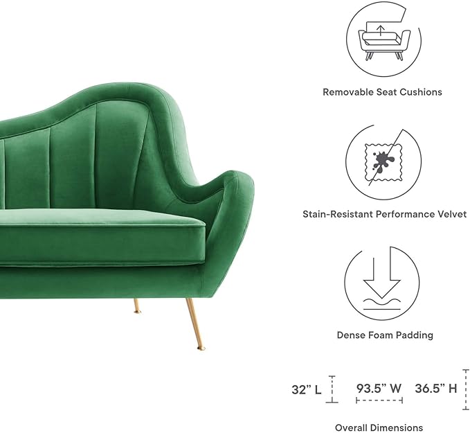 Modway EEI-5874-EME Cheshire Channel Tufted Performance Velvet Sofa Emerald