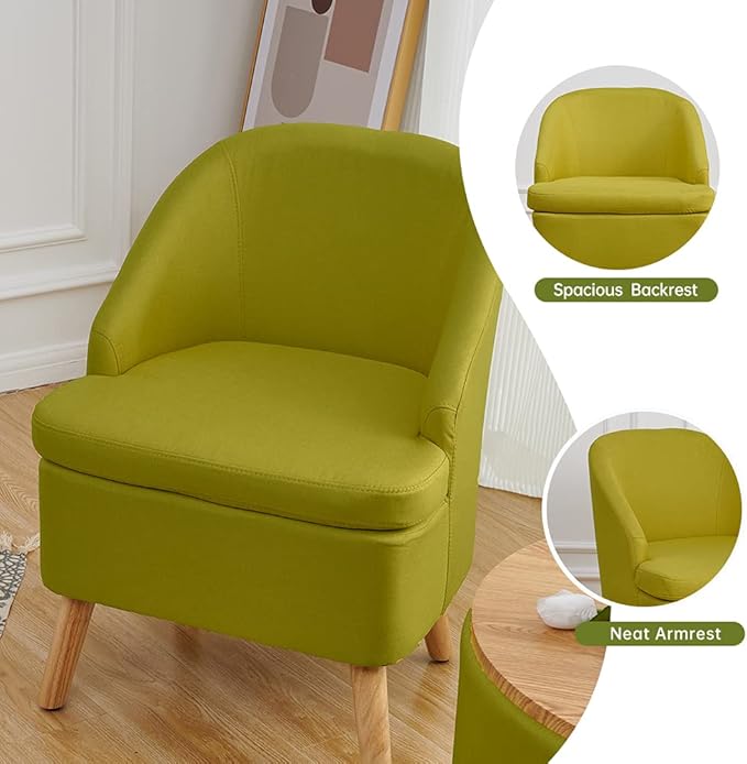 Cute Upholstered Accent Club Green Chair with Barrel Style Cotton Linen Like Fabric Round Single Sofa for Wooden Leg Living Room BedroomLarge
