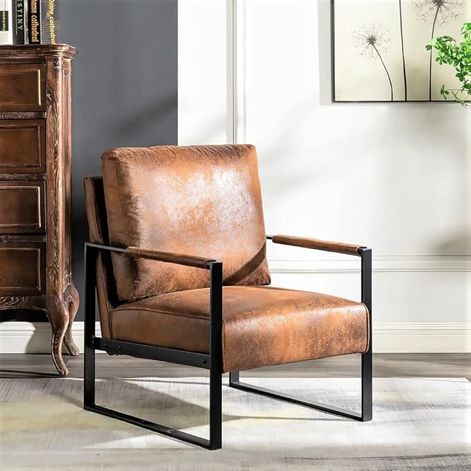 Container Furniture Classic Mid Century Modern Accent Chair with Durable Square Metal Frame Armchair for Living Room Bedroom Home Office in Spotted Microfiber Upholstery Light Brown