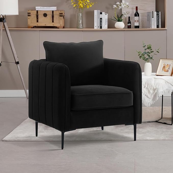 Mid-Century Modern Velvet Accent Chair - Plush Upholstered Armchair with Metal Legs 300lb Capacity Comfy Reading Chair for Living Room Bedroom or Office (Black)