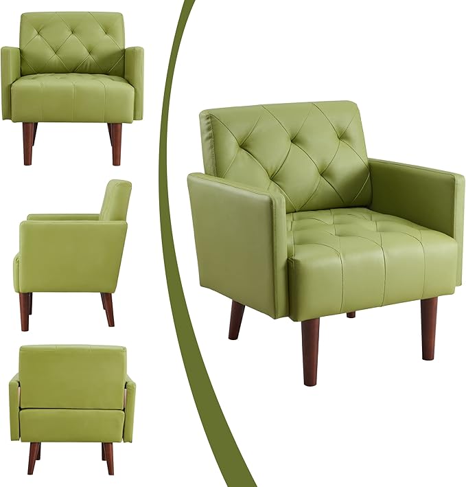 Faux Leather Accent Chair Modern PU Armchair Retro Tufted Upholstered Arm Chair Comfy Leather Club Chair Single Sofa for Living Room Bedroom Reading Room Apartment(Green)