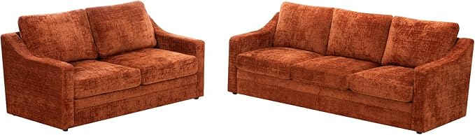 2 Pieces Chenille Sofa Sets w/Comfortable Back Cushions Modern Loveseat &amp Sofa w/Deep Seat Space Upholstered 2 Seat &amp 3 Seats Couch Sets w/High Resiliency Foam for Living Room Office Orange