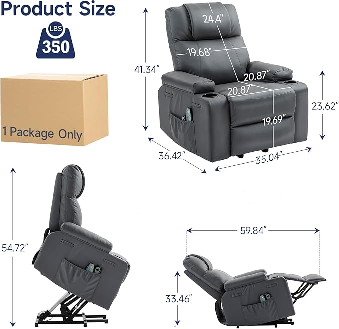 Brage Living Power Lift Recliner Chair for Elderly with Massage &amp Heat PU Leather Electric Recliner with 160° Adjustable Recline Stand Assist Remote Control Cup Holders &amp Side Pockets (Gra