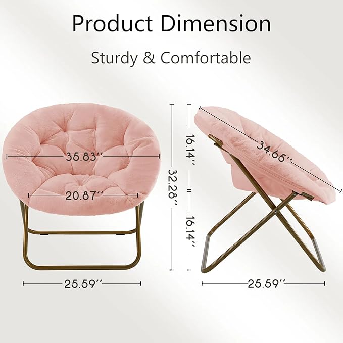 HealSmart Saucer Chair Comfy Faux Fur Folding Moon Chair with Metal Frame Cozy Round Chair Lounge Lazy Chair for Living Room Bedroom Adults Kids Teens Pink