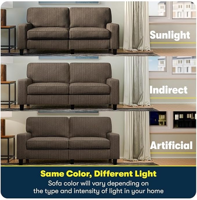 Pemberly Row 61 Track Arm Sofa Loveseat Brown Upholstered Fabric Removable Covers Compact Space-Saving Design Solid Wood Frame High-Density Foam Cushions Modern Living Room or Home Office