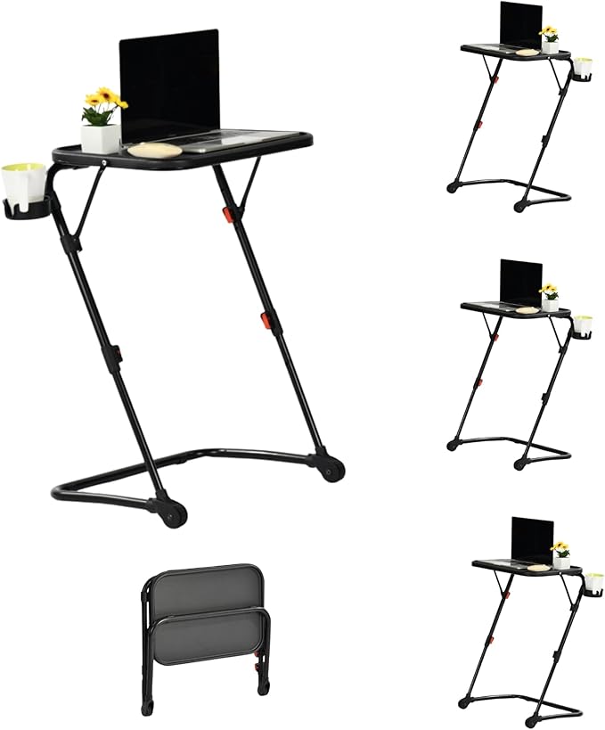 Homy Casa Adjustable Z Shaped Study Desk with Cup Holder Space Saving Portable Laptop Foldable Table for Home Office Living Room &amp Bedroom Sturdy Metal Frame &amp PP Top Black 4PCS