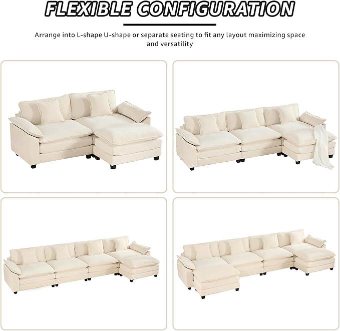46.4 Modern Cozy Sectional Couches for Living Room Beige Chenille Comfy Cloud Couch Sectional 1 Seater Couch for Living Room Sofas para Sala U Shaped Sofas &amp Couches (Beige 1+0 Set)