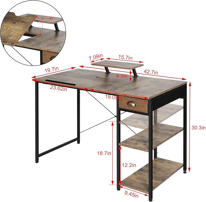 X-cosrack Drafting Table with Storage Shelves &amp Drawer 43 Adjustable Art Desk with Monitor Stand for Home Office Computer Tiltable Draft Drawing Table for Artist Study Writing Workstation