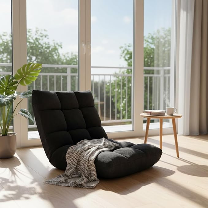 S AFSTAR Cushioned Floor Chair 14-Position Adjustable Padded Lazy Recliner with Comfortable Back Support and Skin-Friendly Cover Great for Reading Playing Game Meditating (Mysterious Black)