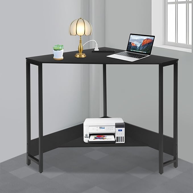 Small Corner Desk with Outlet Corner Table for Small Space Industrial Computer Desk w/USB Ports Triangle Desk for Home Office Workstation Living Room Bedroom (Black)