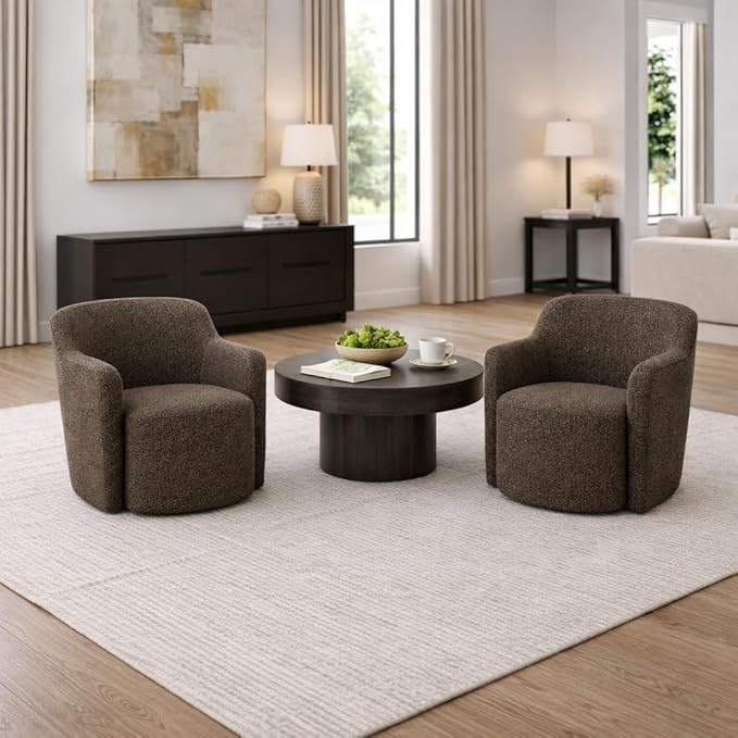 Spatial Order Upholstered 360° Barrel Back Swivel Chair | Accent Chairs for Living Room &amp Bedroom | Decorative Home Furniture Brown Boucle