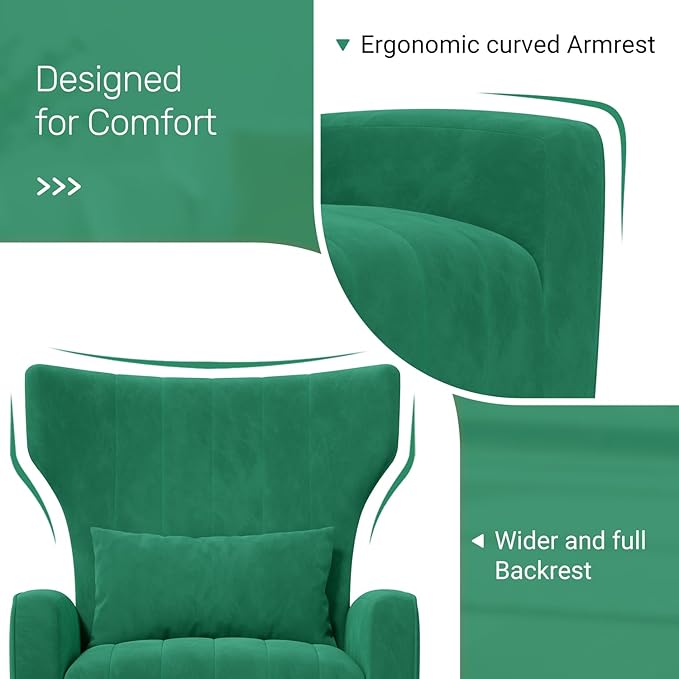 Velvet Accent Chair Wingback for Living Room High Back Arm Chair with Golden Legs Lumbar Pillow Upholstered Single Sofa Bedroom Green