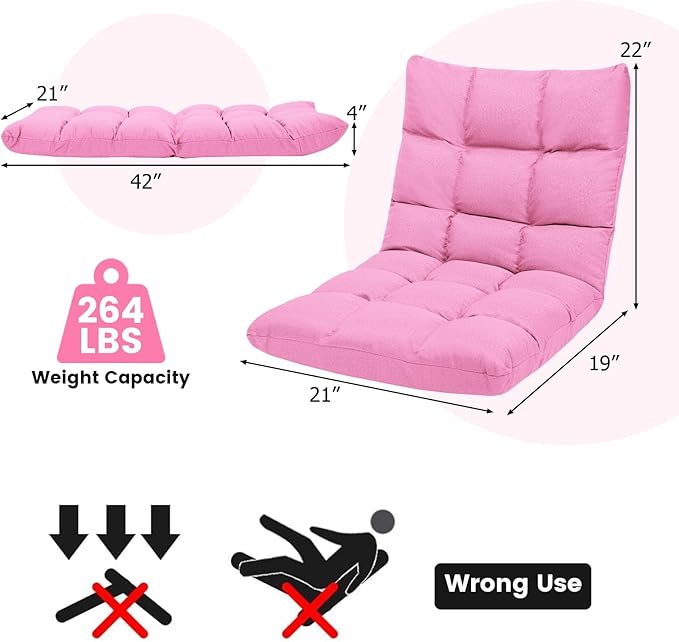 ERGOMASTER Pink Floor Gaming Chair Memory Foam Folding Floor Chair14-Position Adjustable Gaming Chair 264 lbs Capacity for Video Games Relaxing Reading Lightweight Foldable Recliner for Adults