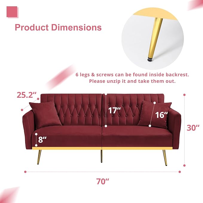 2 Pieces Velvet Sofa Set with Adjustable Armrest and Backrest 70” Convertible Futon Sofa Bed &amp Mordern Accent Chair with Ottoman for Living Room Bedroom Red