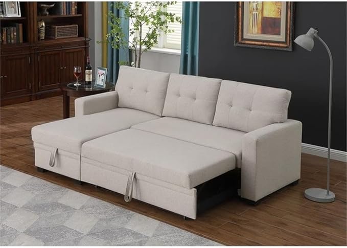 Devion Furniture L-Shaped Polyester Fabric Reversible Easy Convertible Pull-Out Sleeper Sectional Sofa/Storage Chaise with Tufted Back Cushions and Track Arms in Beige