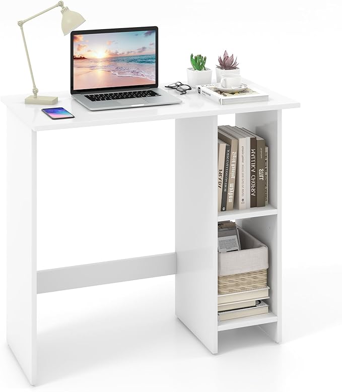 Giantex Small White Desk Compact Study Writing Desk with 3-Position Adjustable Shelf Anti-Toppling Kit Modern PC Laptop Table Home Office Computer Workstation for Small Space Bedroom Dorm
