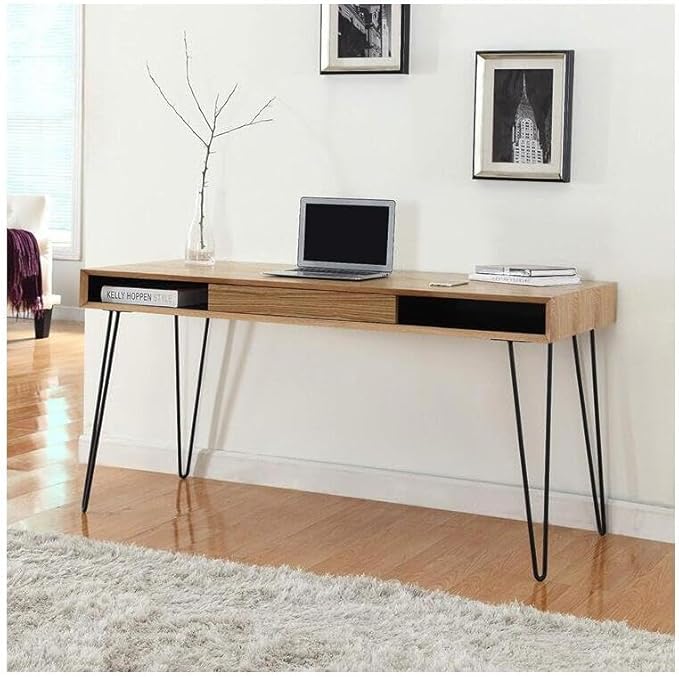 Maykoosh Home Office Desk - 59 Oak Veneer Top &amp Metal Legs - Large Desk with Drawer - Easy Assembly