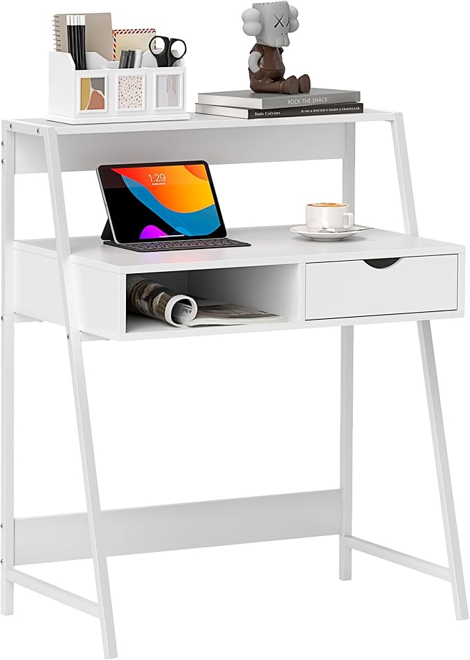 HOMCOM Home Office Desk Computer Desk with A Frame for Small Spaces Writing Table with Drawer and Storage Shelves White