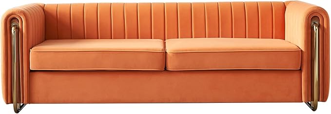 kevinplus 84.2'' Velvet Chesterfield Sofa Couch for Living Room Modern Luxury 3-Seat Upholstered Sofa Couch for Apartment Bedroom Dorm Office Strong Gold Metal Legs (Channel Backrest Orange)