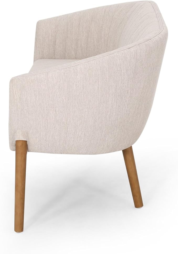 Beige Fabric Loveseat Sofa - Mid Century Modern Channel Stitched Design with Brown Rubberwood Legs for Living Room Bedroom Foyer