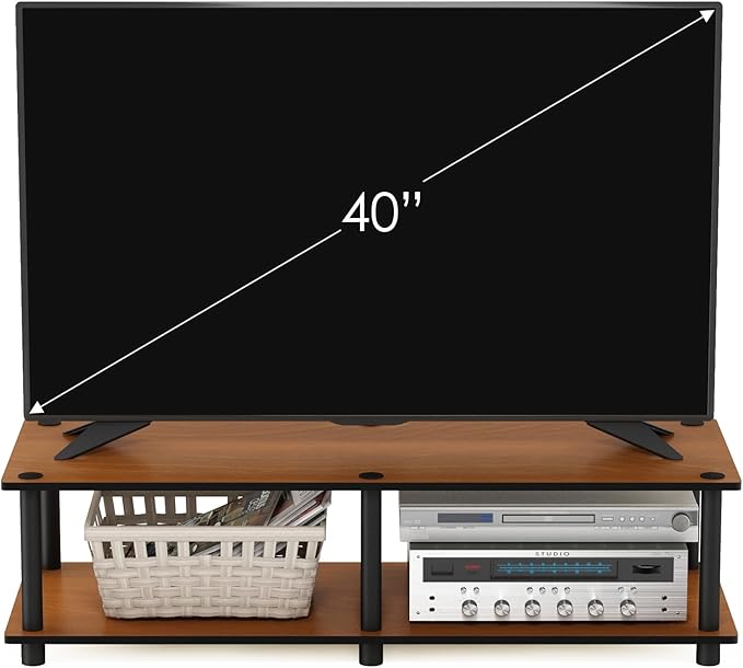 Furinno JUST TV Stand 2-Tier Wide Entertainment Center with Open Shelf No Tools TV Console for TV up to 46 Inch with Tubes for Living Room Bedroom Light Cherry