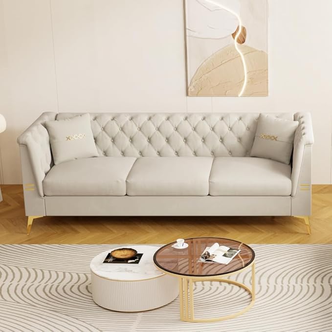 Chesterfield Sofa Sectional Couch with Metal Legs 82.6 Velvet Couch White and Gold Sofa Luxury Loveseat for Living Room Tufted Sofas with 2 Pillows &amp Classic Golden Decor White