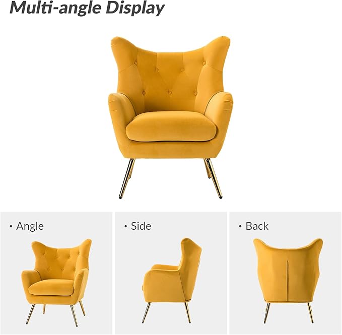 HULALA HOME Velvet Accent Chair Modern Wingback Arm Chair with Metal Gold Legs Velvet Tufted Upholstered Single Sofa Chair for Living Room Bedroom (Mustard)